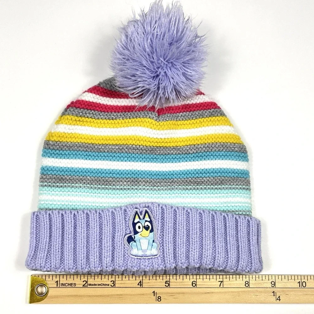 Disney Bluey Beanie Hat Rainbow Stripes Pom Pom Size 2T - 5T Winter‎ Snow Ski